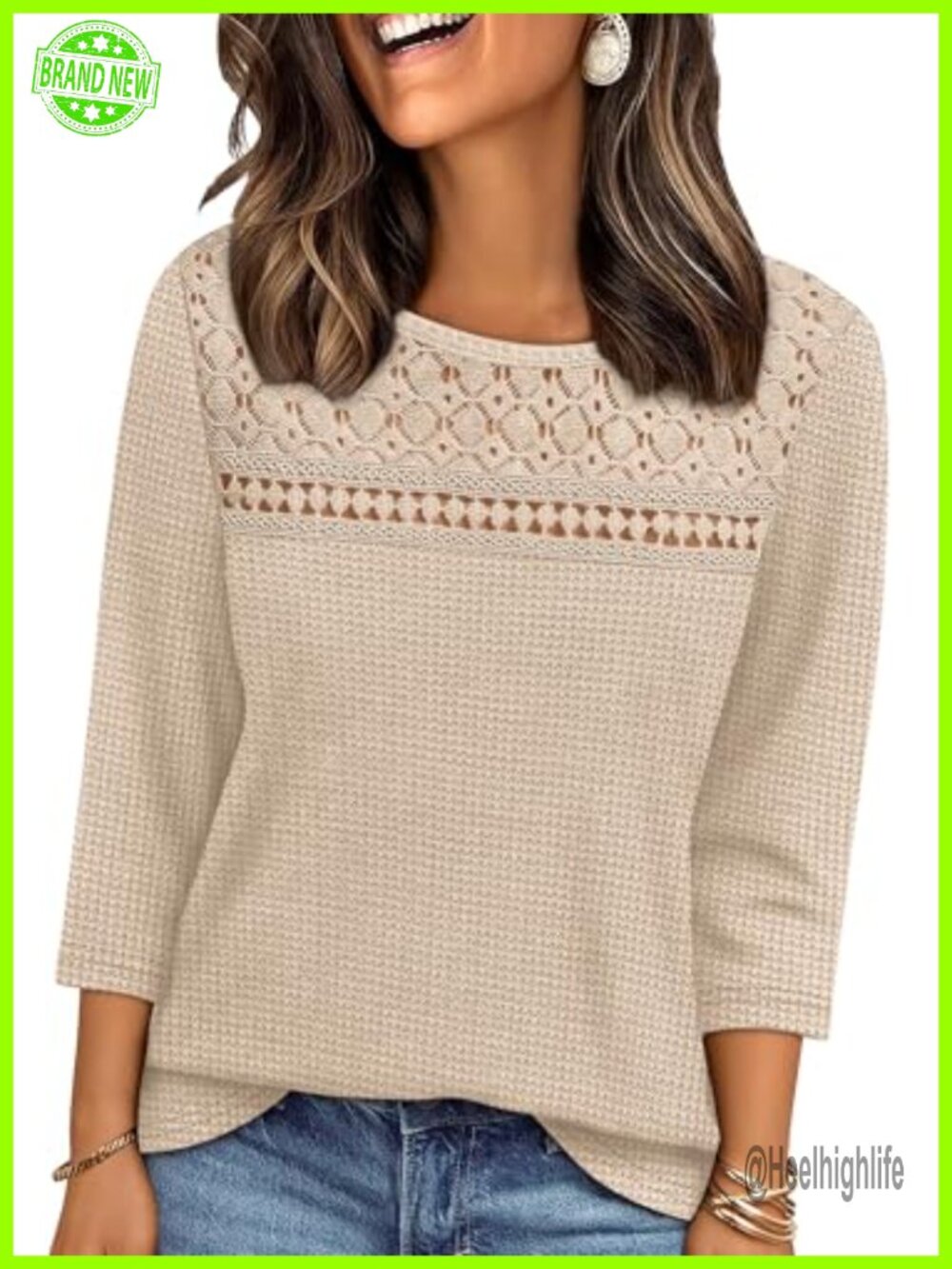 3/4 Sleeve Lace Waffle Knit Blouse